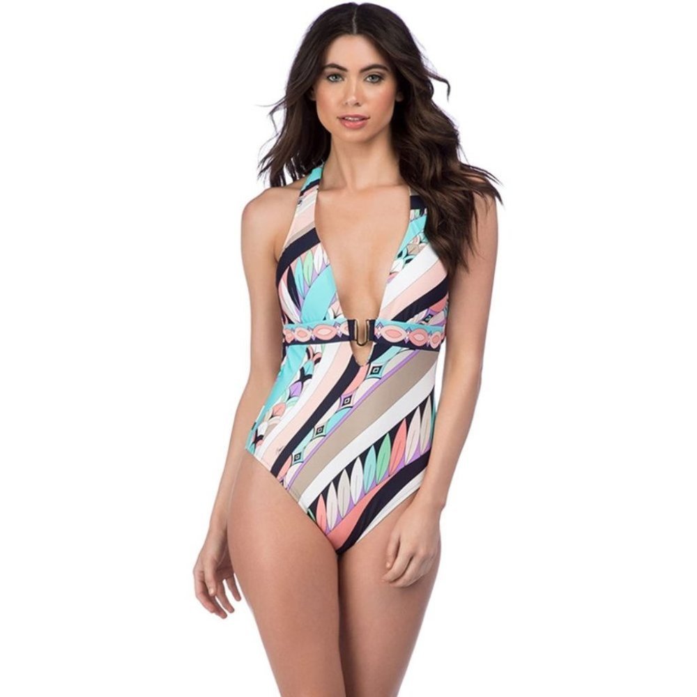 Trina Turk Women's Electric Wave Cross Back One Piece Swimsuit Sz 12